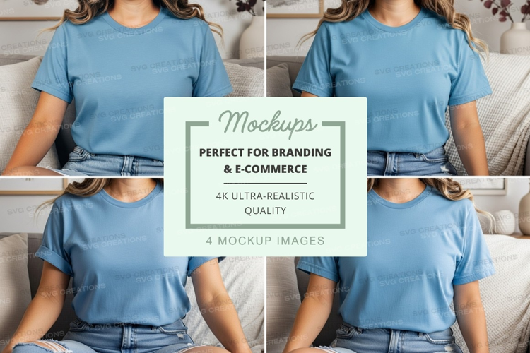 T-shirt mockup - light blue t-shirt on women in living room