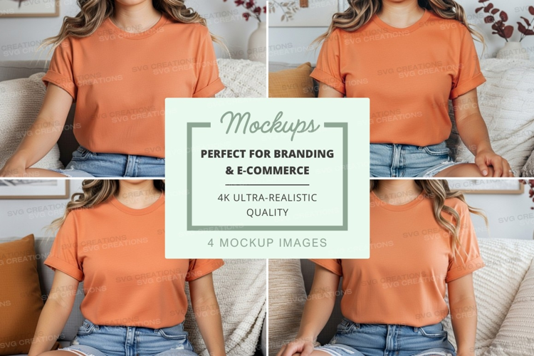 T-shirt mockup - crew neck, orange, four views