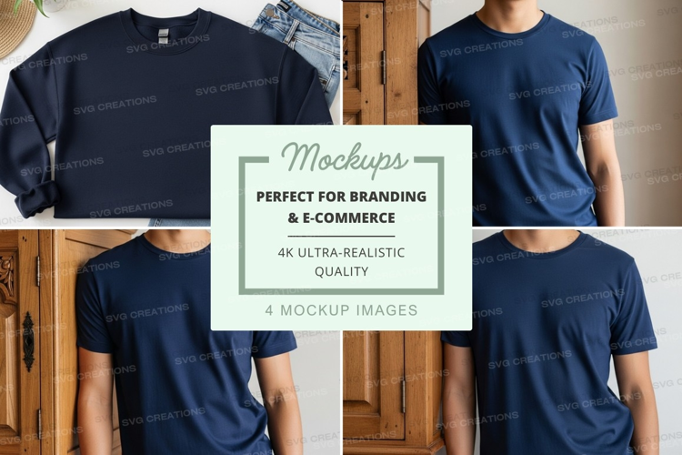 T-shirt mockup - crew neck, navy blue, multiple views