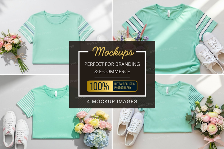 Mockup: pastel green t-shirts with floral and sneaker accent