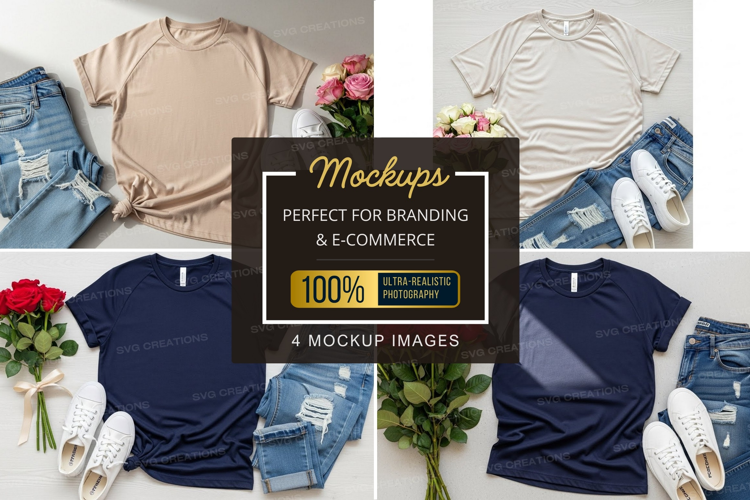 Mockup: casual outfit with t-shirts, jeans, and flowers
