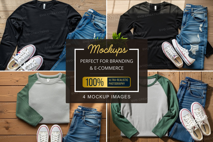 Mockup: casual outfits with t-shirts, jeans, and sneakers