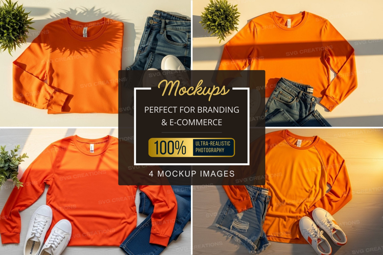 Mockup: casual orange outfit with denim and sneakers