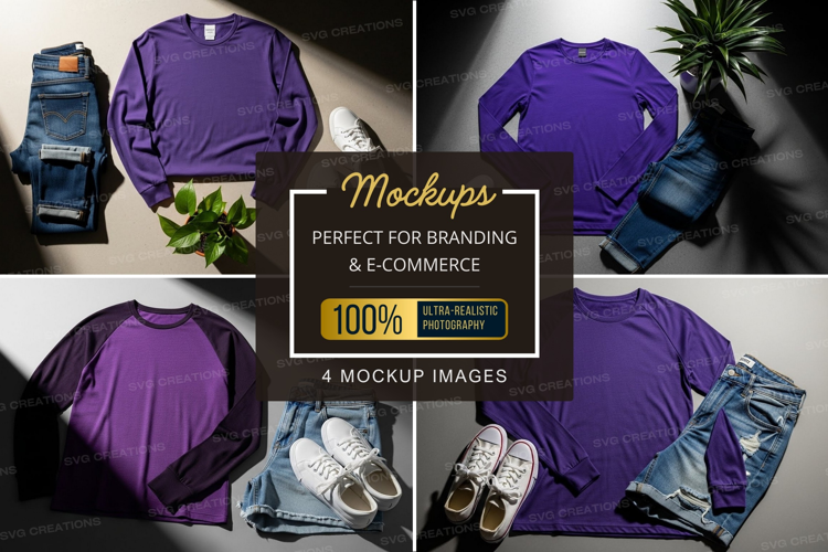 Mockup: casual outfit with purple shirt, jeans, and sneakers