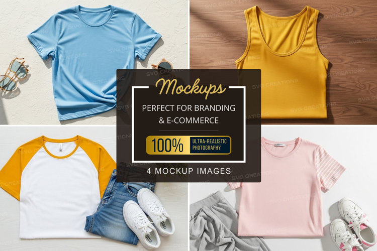 Mockup: flat lay of various t-shirts