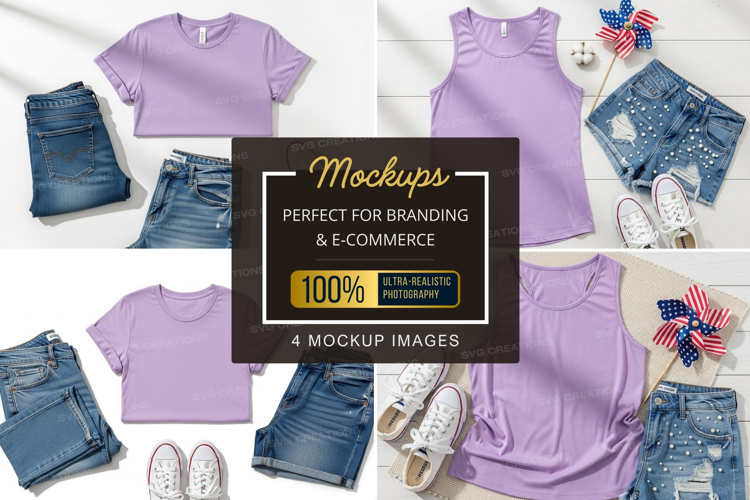 Mockup: casual summer outfits with purple tops and denim