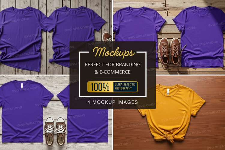 Mockup of purple and yellow t-shirts with sneakers