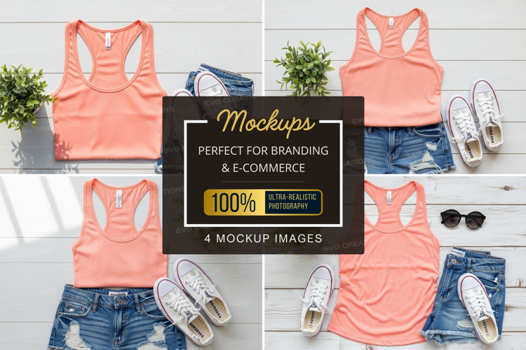Mockup: summer fashion outfit with orange top and denim shor