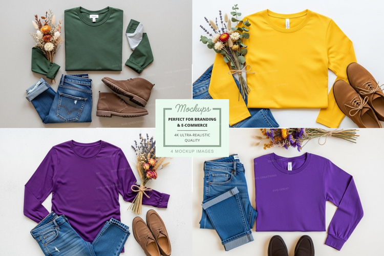 Flat lay mockup of long sleeve t-shirts with accessories