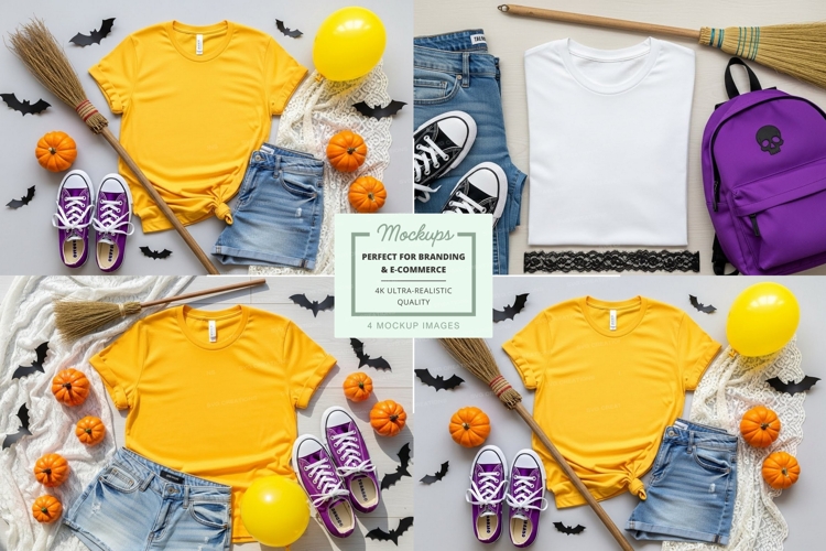 Halloween-themed t-shirt mockup with accessories
