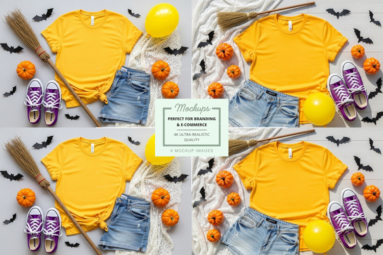 Halloween themed yellow t-shirt mockup with accessories