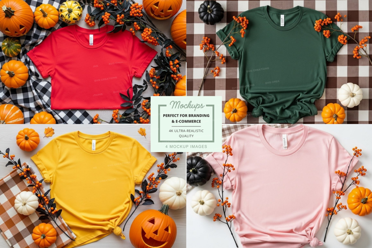 Flat lay t-shirt mockup with fall decorations