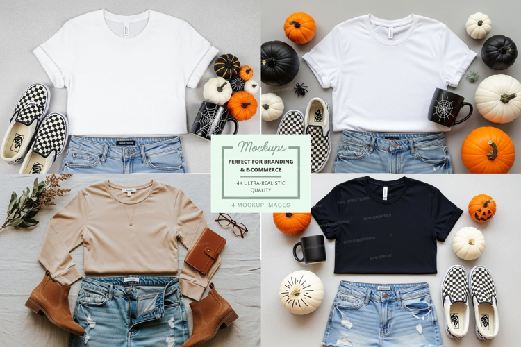 Flat lay mockup of t-shirts with autumn decor