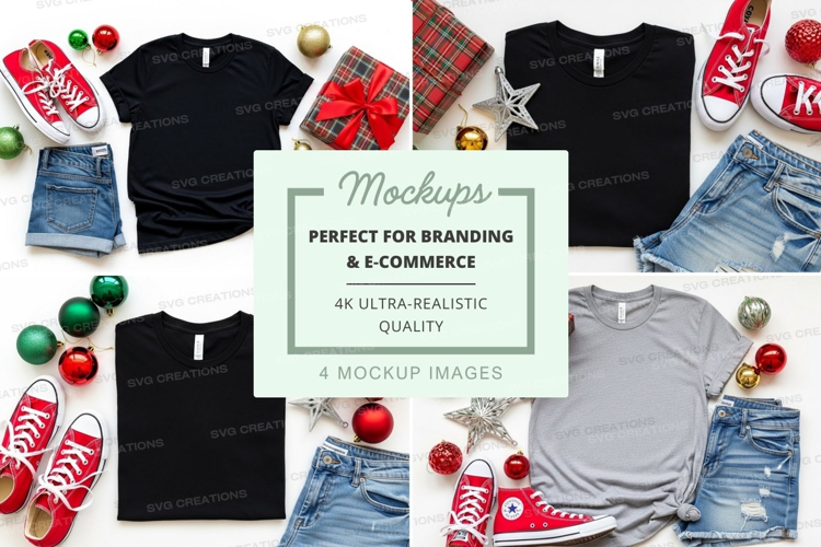 Christmas-themed t-shirt and shorts mockup