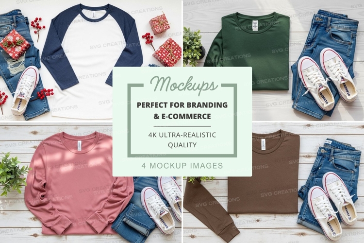 Flat lay mockup of long sleeve t-shirts, jeans, and sneakers
