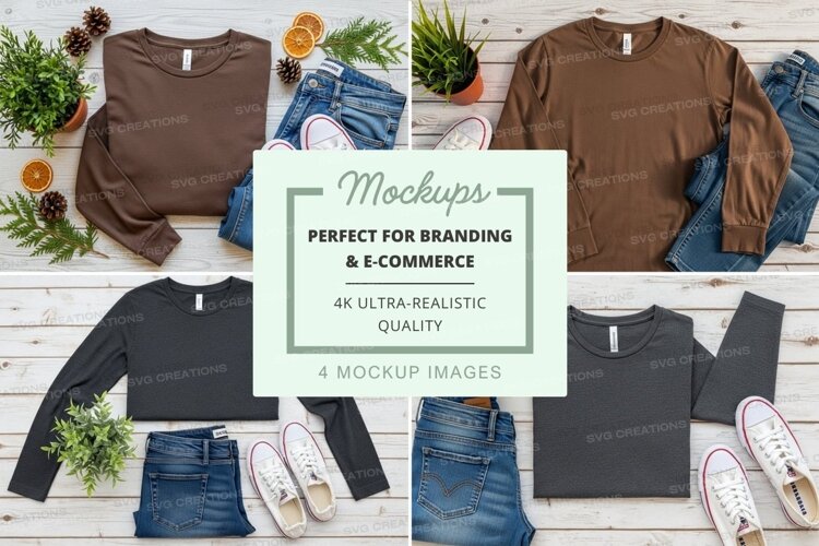 Flat lay mockup of casual outfits with t-shirts, jeans, and example image 1