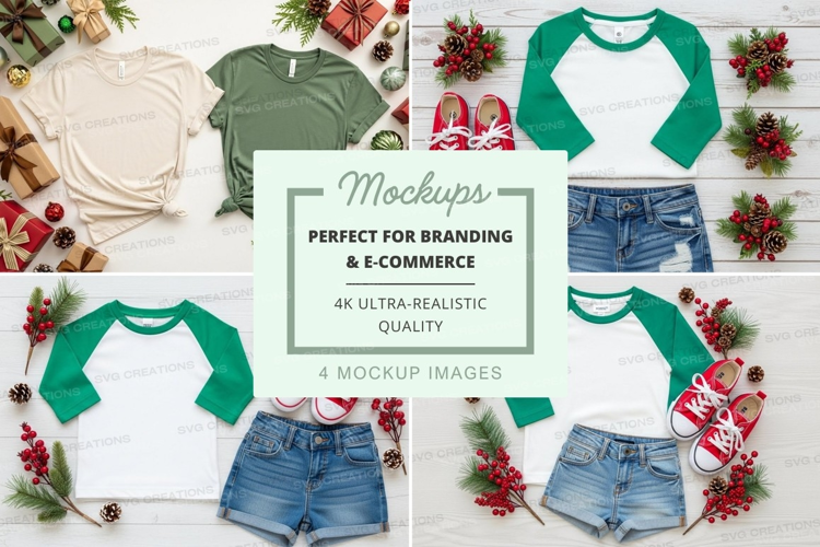 Apparel mockup featuring t-shirts and shorts with christmas