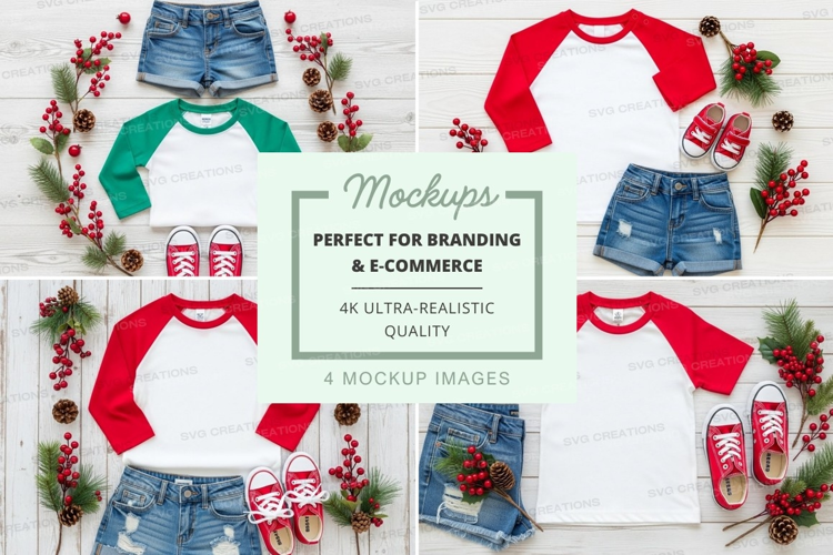 Baseball tee and denim shorts mockup with holiday decoration