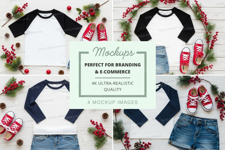 Christmas-themed baseball tee and denim shorts mockup