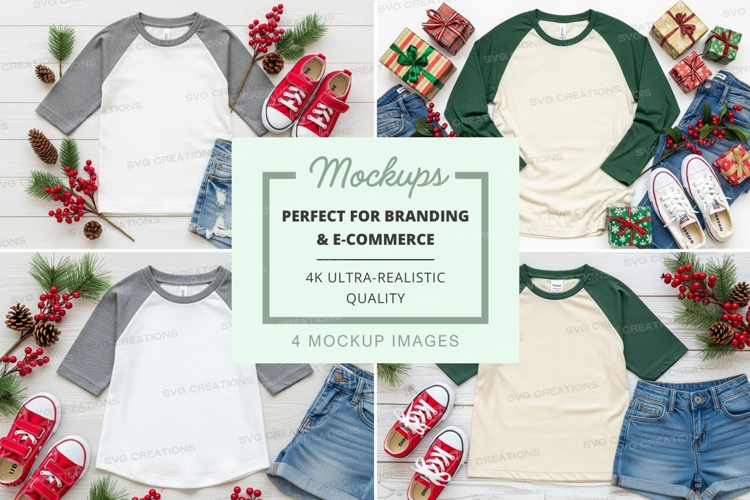 Christmas-themed baseball tee mockup with denim shorts