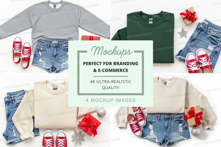 Holiday outfit mockup with sweaters and denim shorts example image 1