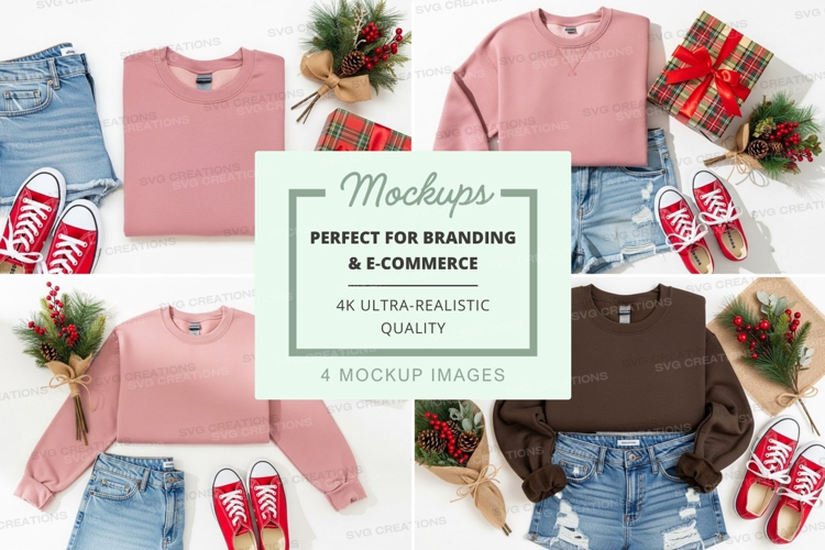 Holiday fashion mockup featuring sweatshirts, jeans, and sne