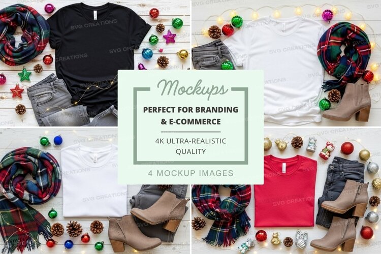 Flat lay mockup of t-shirts with holiday decorations example image 1