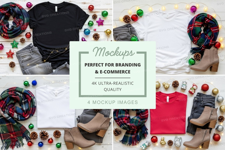 Flat lay mockup of t-shirts with holiday decorations