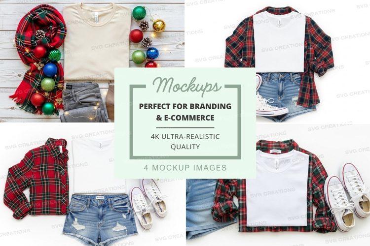 Christmas-themed baseball tee and denim shorts mockup