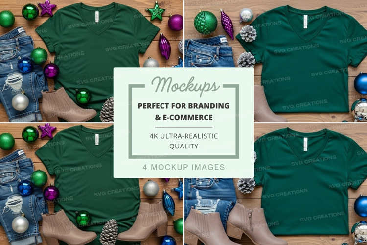 Dark green v-neck t-shirt mockup with holiday decorations
