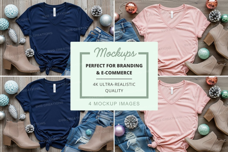 V-neck t-shirt mockup with denim shorts and decorative ornam