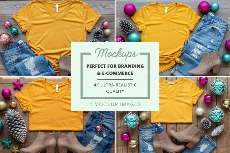 Yellow v-neck t-shirt mockup with holiday decorations