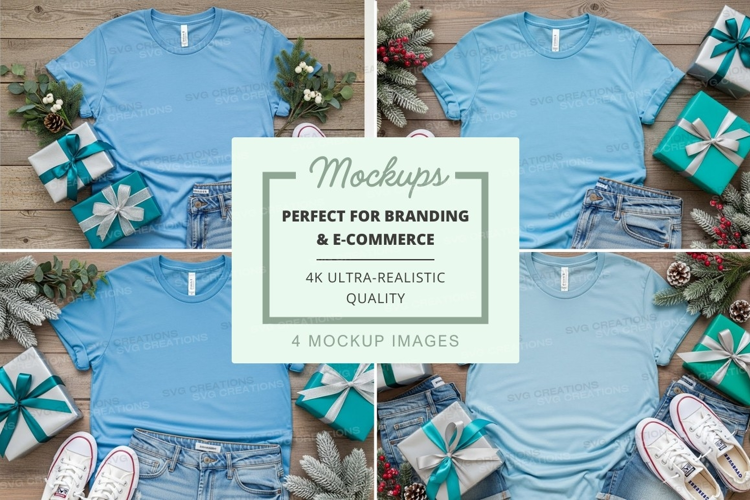 Light blue t-shirt mockup with holiday decorations