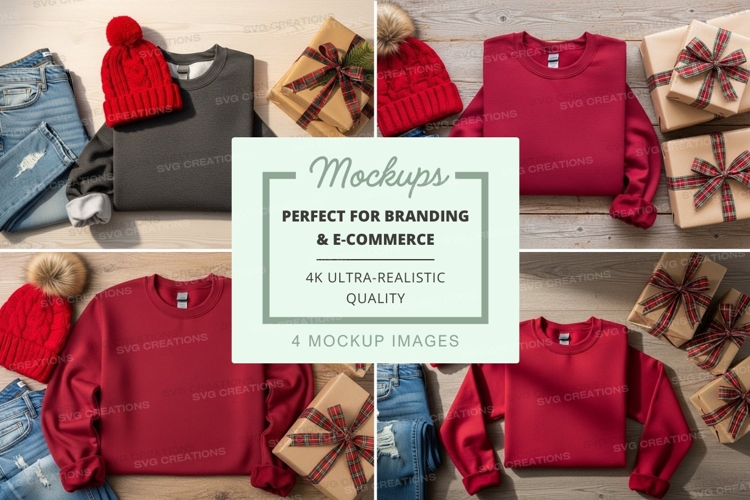 Holiday sweater and hat mockup with gift wrappings