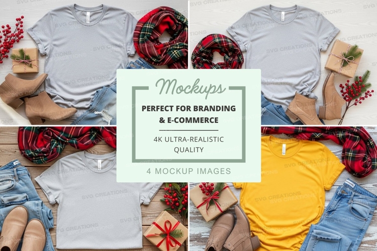 Holiday-themed t-shirt mockup with plaid scarves and denim