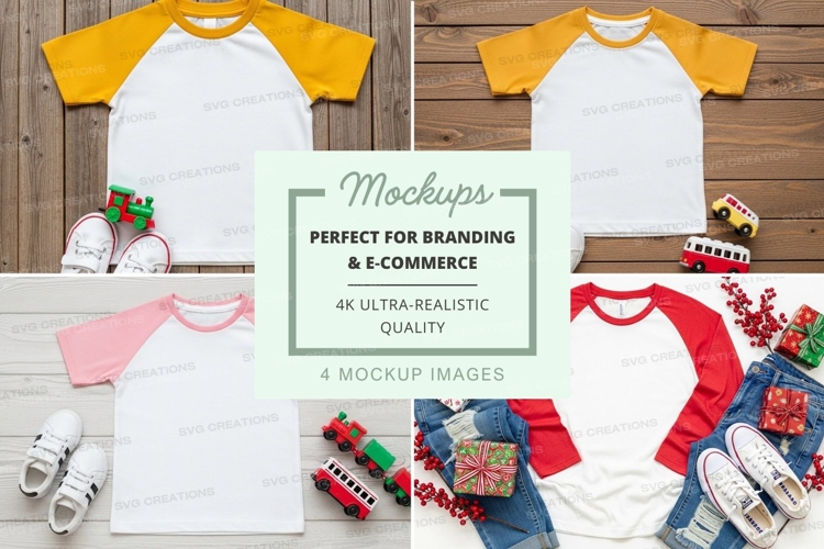 Four t-shirt mockups with toys and accessories
