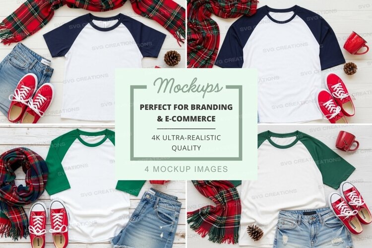 Four t-shirt mockups with christmas themed accessories example image 1