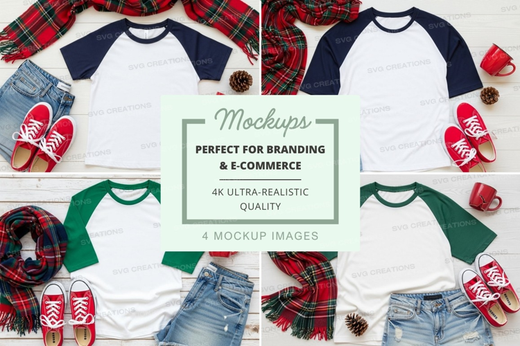Four t-shirt mockups with christmas themed accessories