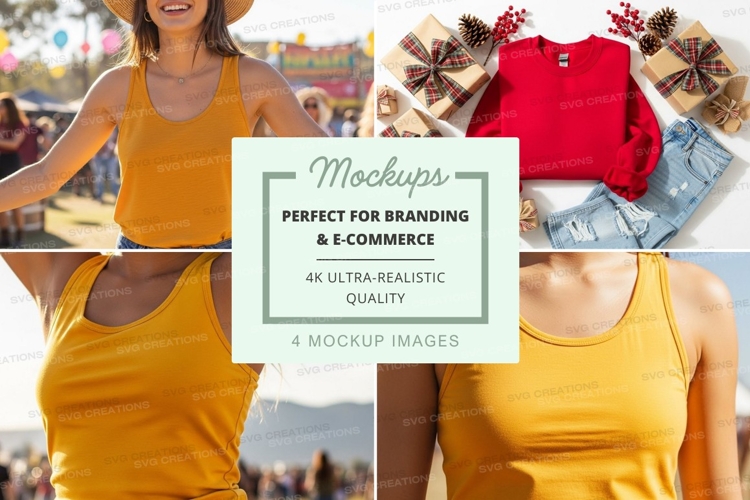 Yellow tank top mockup with holiday sweater and denim jeans