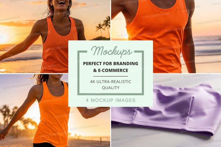 Orange tank top mockup and purple silk scrunchie flat lay