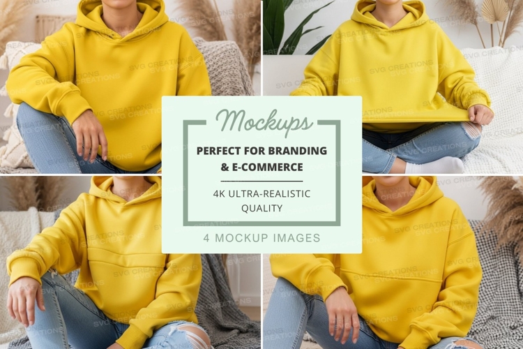 Mockup: yellow hoodie on a cozy sofa