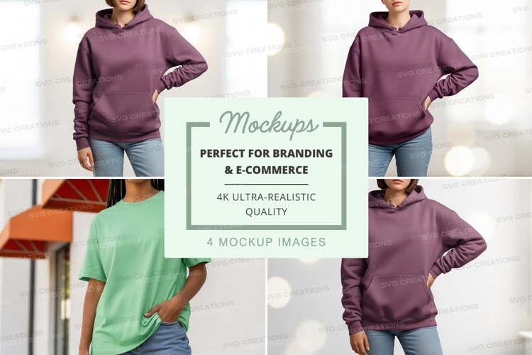 Mockup: purple hoodie and green t-shirt