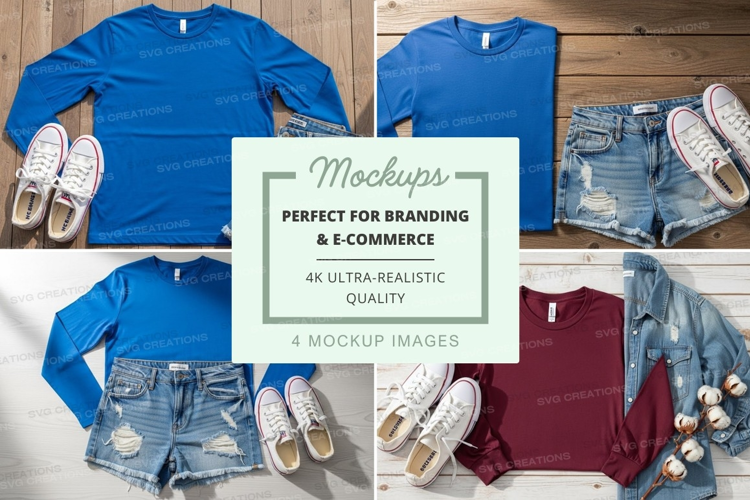Flat lay mockup of t-shirts and denim shorts with sneakers