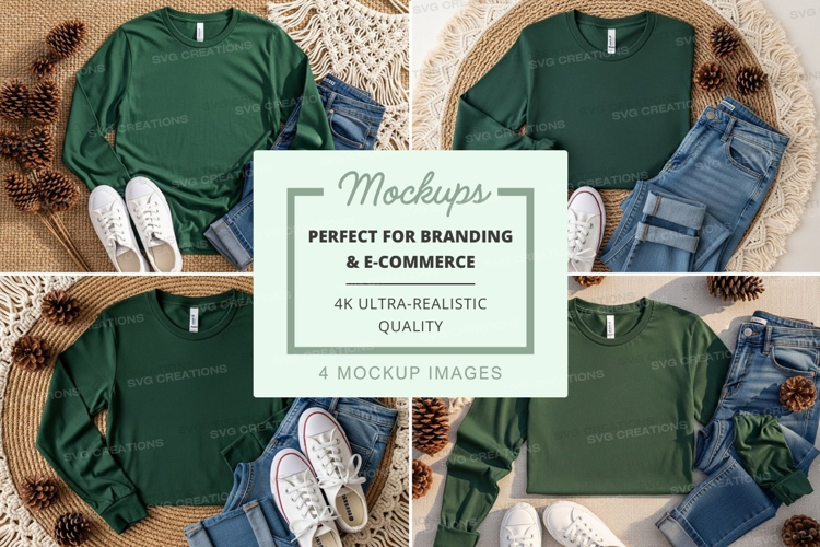 Green long sleeve t-shirt mockup with jeans and sneakers