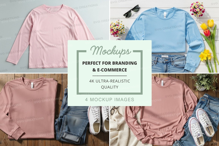 Flat lay mockup of long sleeve t-shirts with accessories