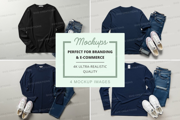 Four long sleeve t-shirt mockups with jeans and shoes