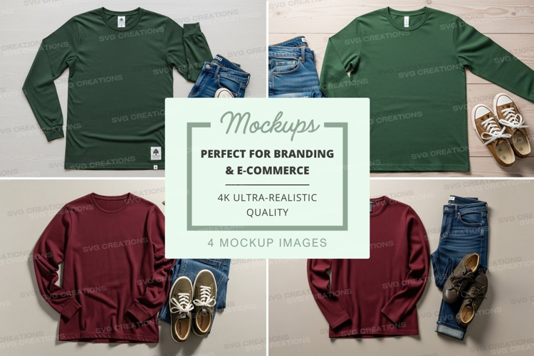 Flat lay mockup of long sleeve t-shirts with jeans and shoes
