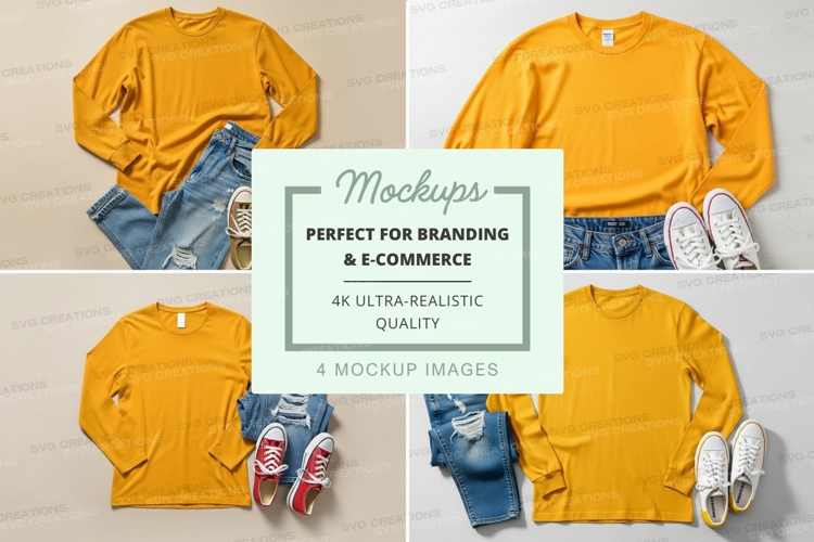 Yellow long sleeve t-shirt mockup with jeans and sneakers