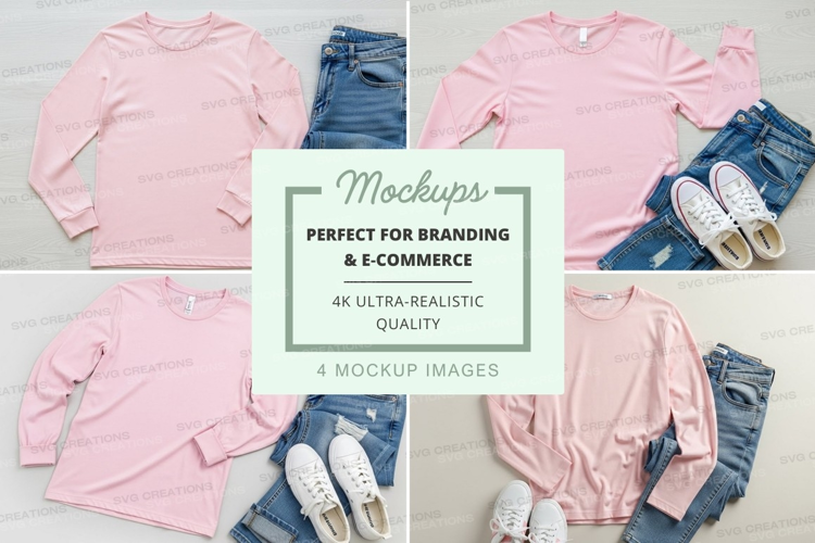 Pink long sleeve t-shirt mockup with jeans and sneakers