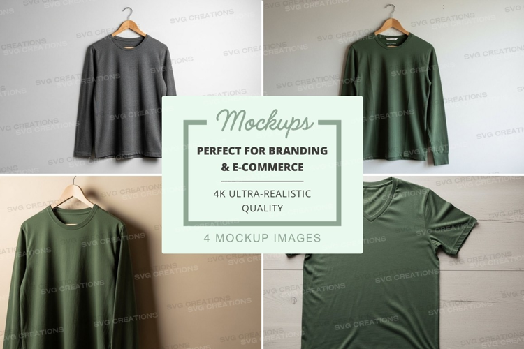 Four t-shirt mockups displaying different styles and colors